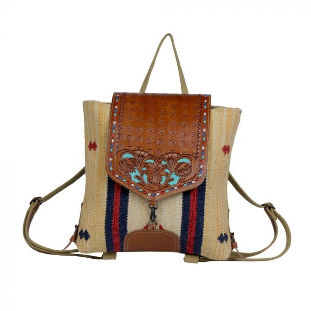 🔥💜Myra Bag Backpack Rug Canvas Tribal Turquoise Tooled Leather yellow New